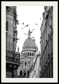 Black and white photo of Sacré-Cœur with flying pigeons in Montmartre-2