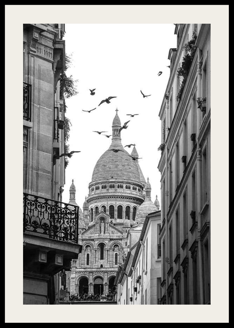 Mustavalkoinen valokuva Sacré-Cœurista lentävine kyyhkyineen Montmartressa-12