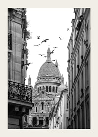 Black and white photo of Sacré-Cœur with flying pigeons in Montmartre-3