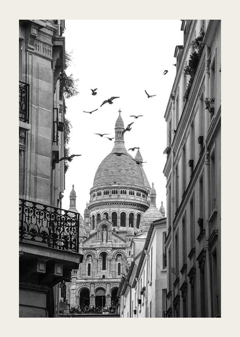 Mustavalkoinen valokuva Sacré-Cœurista lentävine kyyhkyineen Montmartressa-12