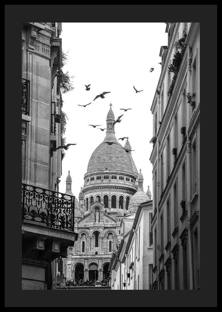 Black and white photo of Sacré-Cœur with flying pigeons in Montmartre-12