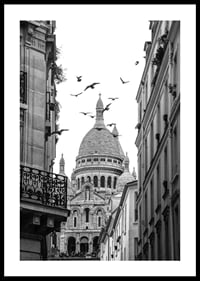 Black and white photo of Sacré-Cœur with flying pigeons in Montmartre-0