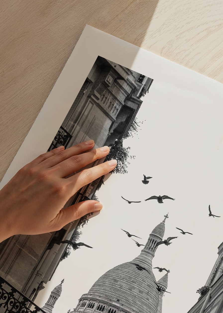 Black and white photo of Sacré-Cœur with flying pigeons in Montmartre-12