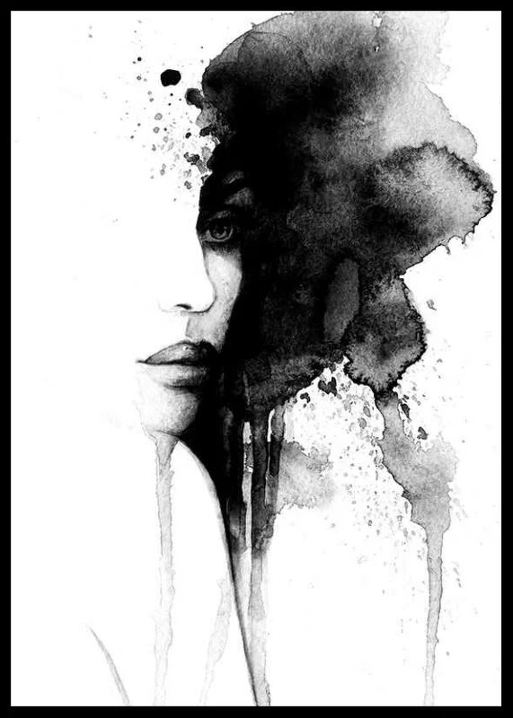 Watercolor of abstract face in black and white with flowing paint-12