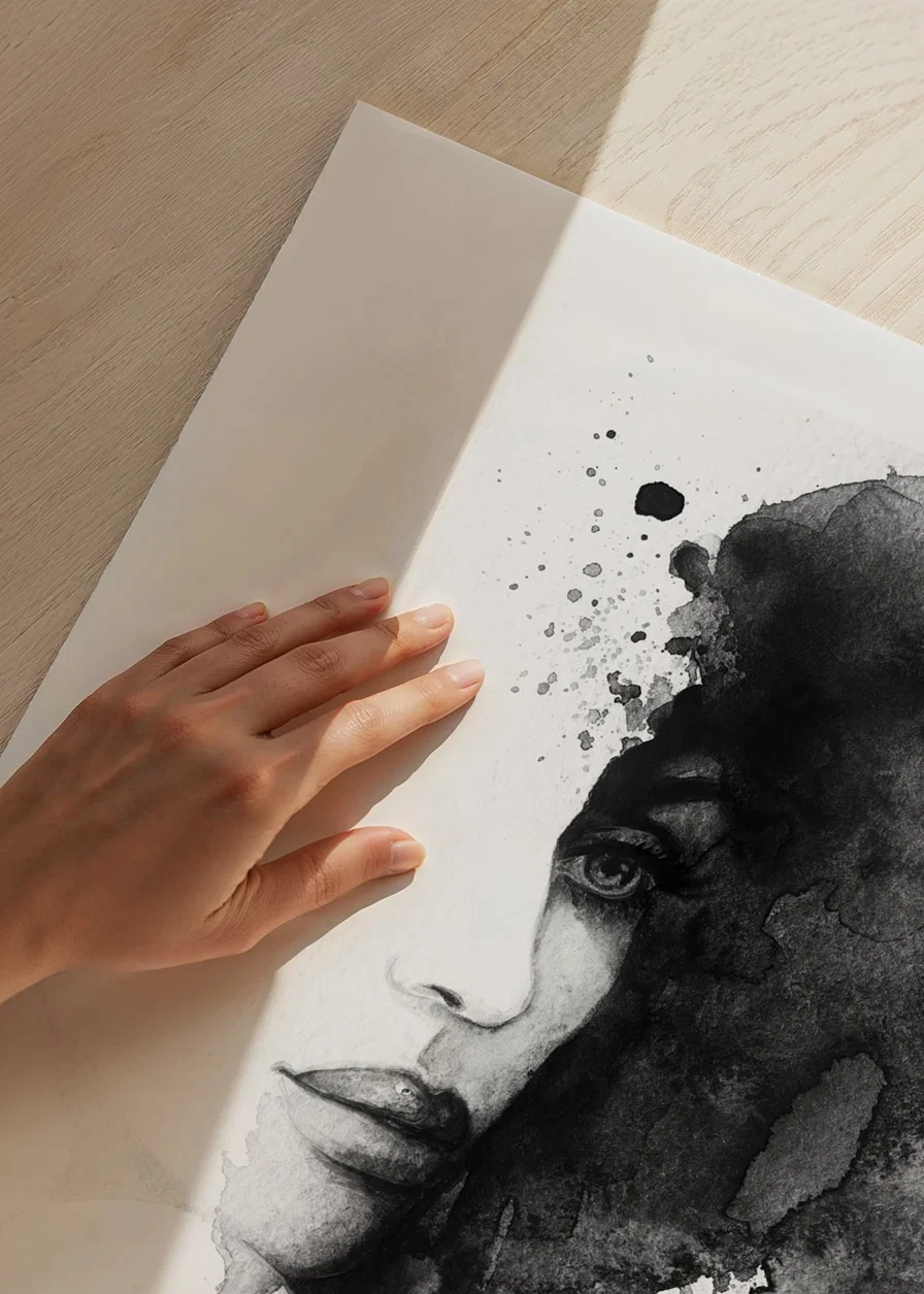 Watercolor of abstract face in black and white with flowing paint-12
