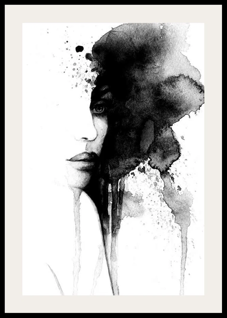 Watercolor of abstract face in black and white with flowing paint-12