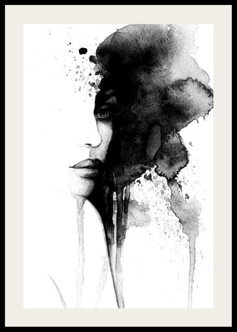 Aquarell eines abstrakten Gesichts in Schwarzweiß mit fließender Farbe-12