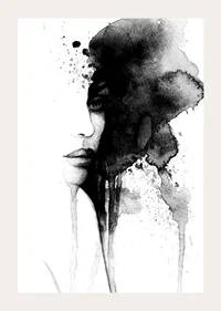 Watercolor of abstract face in black and white with flowing paint-3