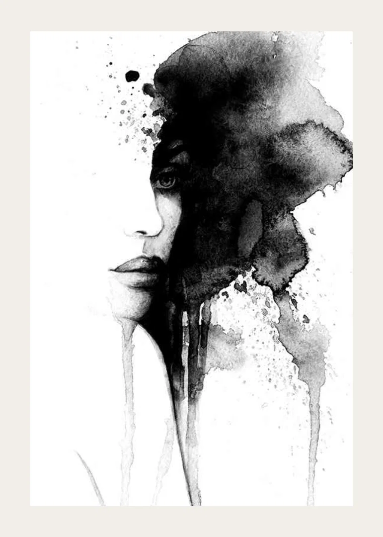 Watercolor of abstract face in black and white with flowing paint-12