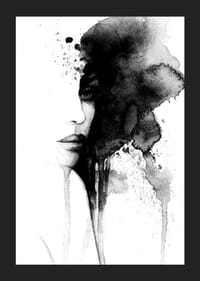 Aquarell eines abstrakten Gesichts in Schwarzweiß mit fließender Farbe-5