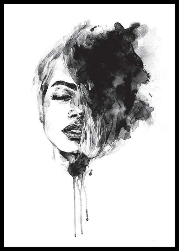 Abstract watercolor portrait of woman in black and white-12