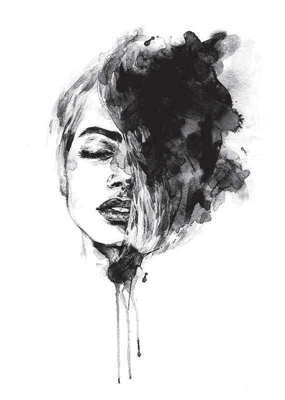 Abstract watercolor portrait of woman in black and white-12