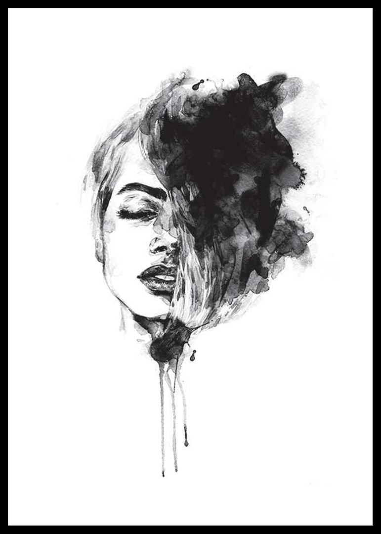 Abstract watercolor portrait of woman in black and white-12
