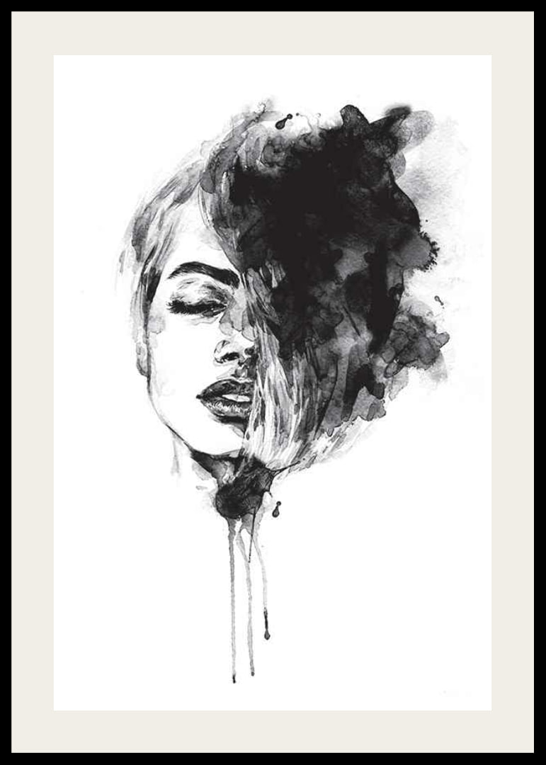 Abstract watercolor portrait of woman in black and white-12