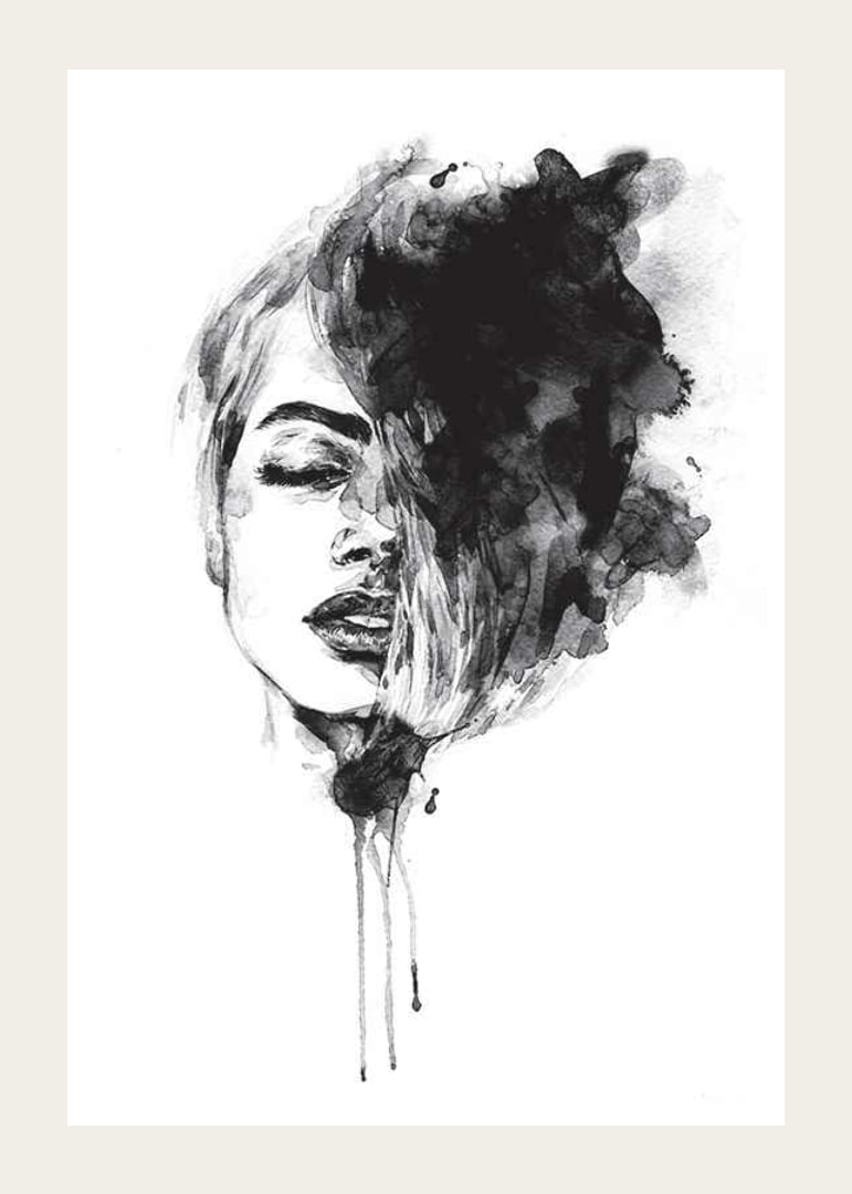 Abstract watercolor portrait of woman in black and white-12
