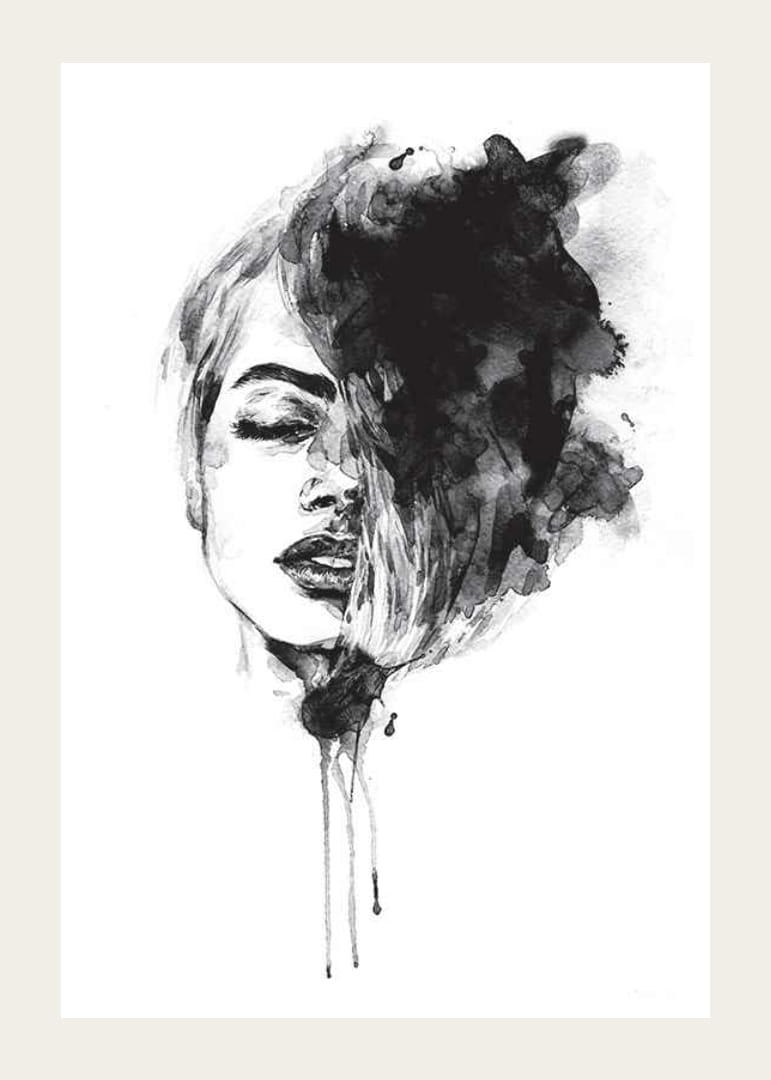 Abstrakt akvarellporträtt av kvinna i svartvitt-12
