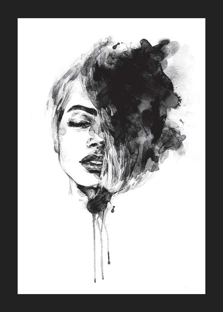 Abstrakt akvarellporträtt av kvinna i svartvitt-12