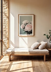 Photograph of light pink peonies against a dull green background-8