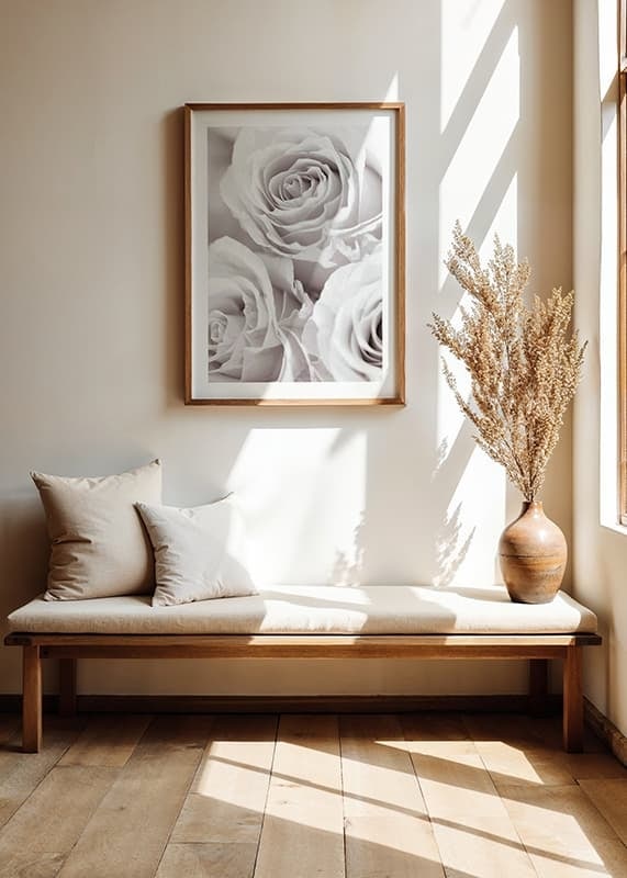 Close-up of three bright roses in soft beige-white tones-12