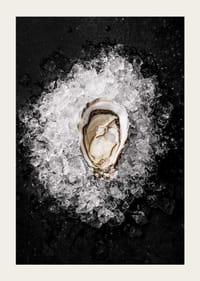 Primer plano de una ostra abierta sobre hielo picado contra un fondo negro-3