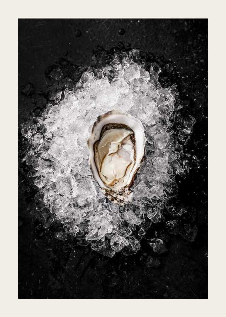 Primer plano de una ostra abierta sobre hielo picado contra un fondo negro-12