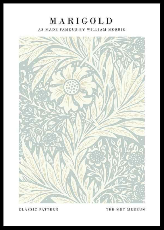 Classic graphic pattern with dense stylized marigolds, leaves and winding plant motifs in light blue and beige-12