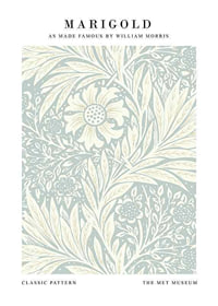 Classic graphic pattern with dense stylized marigolds, leaves and winding plant motifs in light blue and beige-1