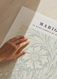 Classic graphic pattern with dense stylized marigolds, leaves and winding plant motifs in light blue and beige-3