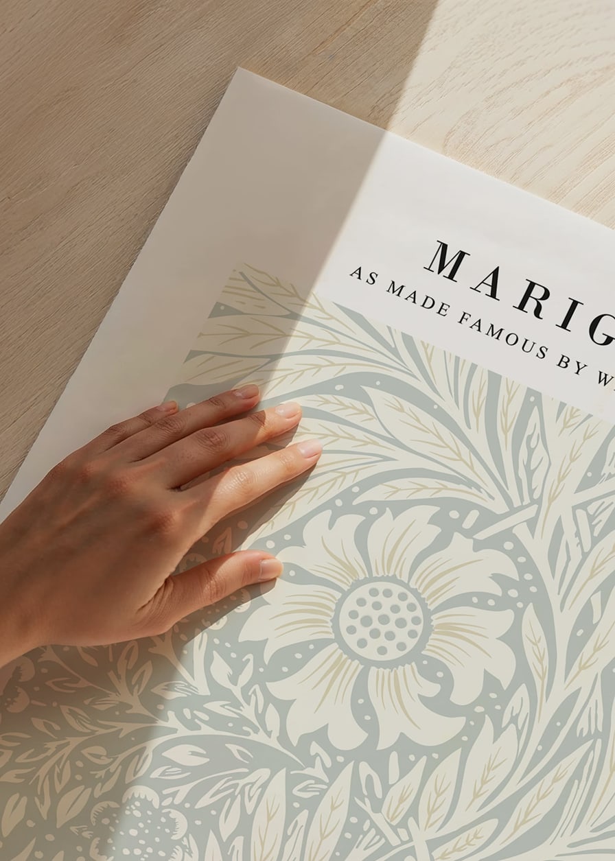 Classic graphic pattern with dense stylized marigolds, leaves and winding plant motifs in light blue and beige-12