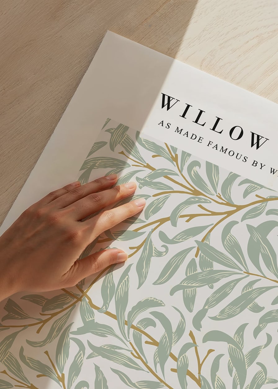 Classic, dense pattern with curved, narrow willow leaves in various shades of green on a light background-12