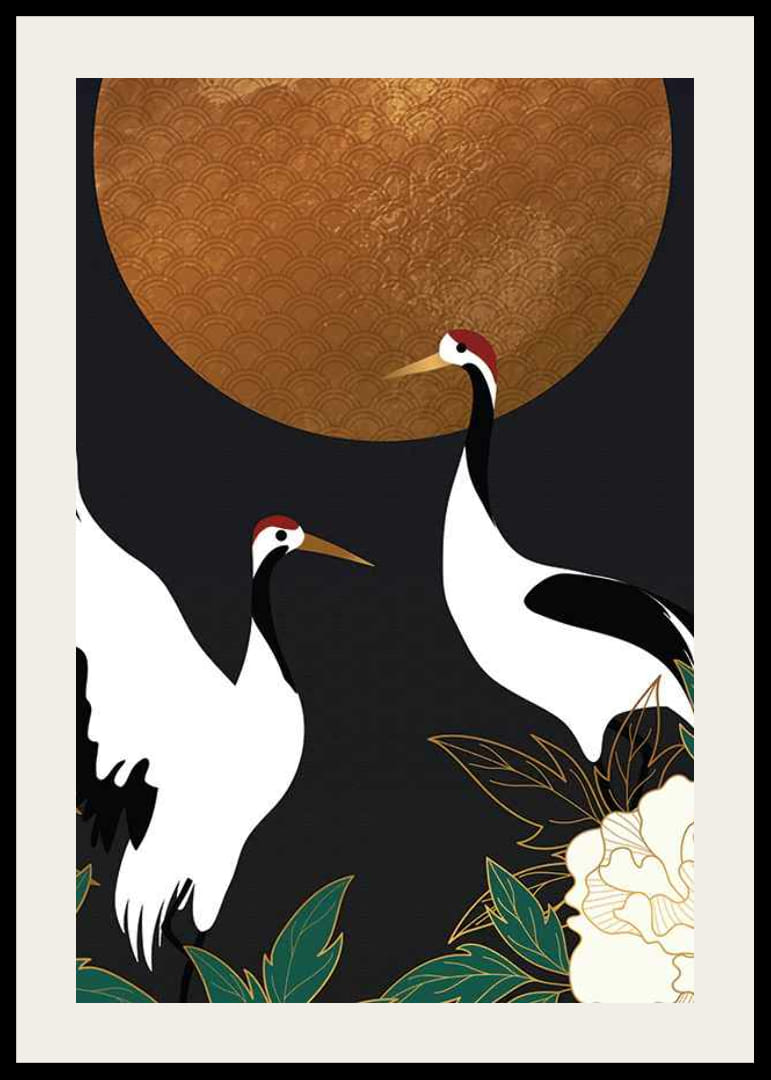 Illustration av två tranor mot mörk bakgrund med stor guldsol-12