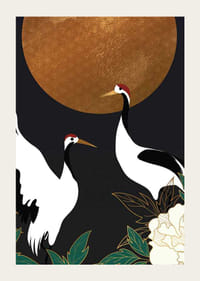 Illustration av två tranor mot mörk bakgrund med stor guldsol-3