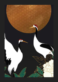 Illustration av två tranor mot mörk bakgrund med stor guldsol-5