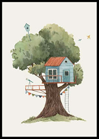 Watercolor illustration of blue treehouse in big green tree-6