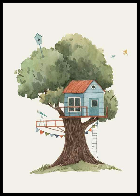 Watercolor illustration of blue treehouse in big green tree-12