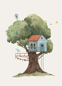 Watercolor illustration of blue treehouse in big green tree-7
