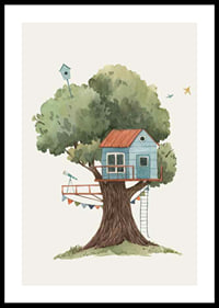 Watercolor illustration of blue treehouse in big green tree-0