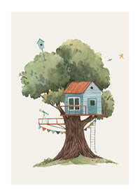 Watercolor illustration of blue treehouse in big green tree-1
