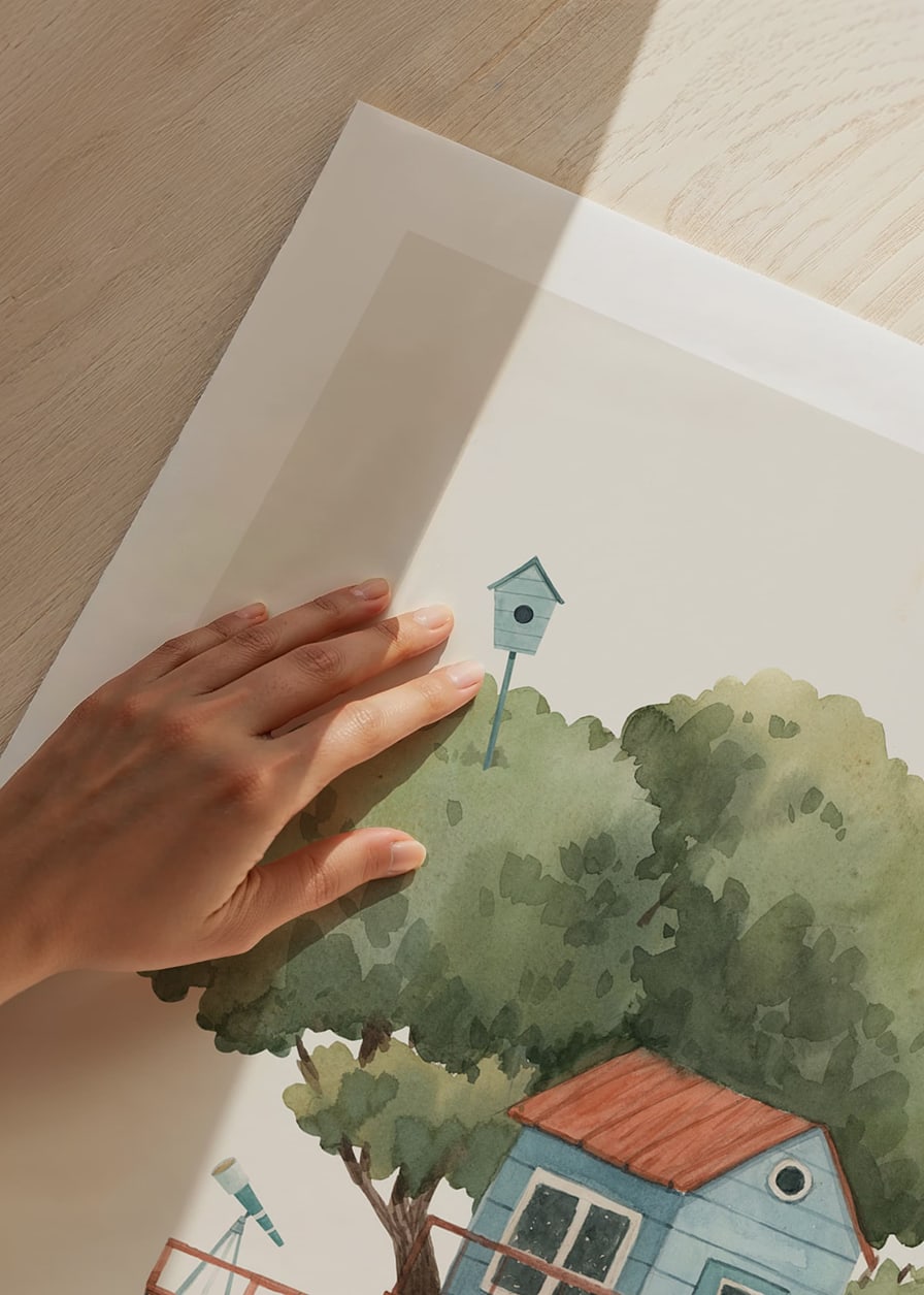Watercolor illustration of blue treehouse in big green tree-12