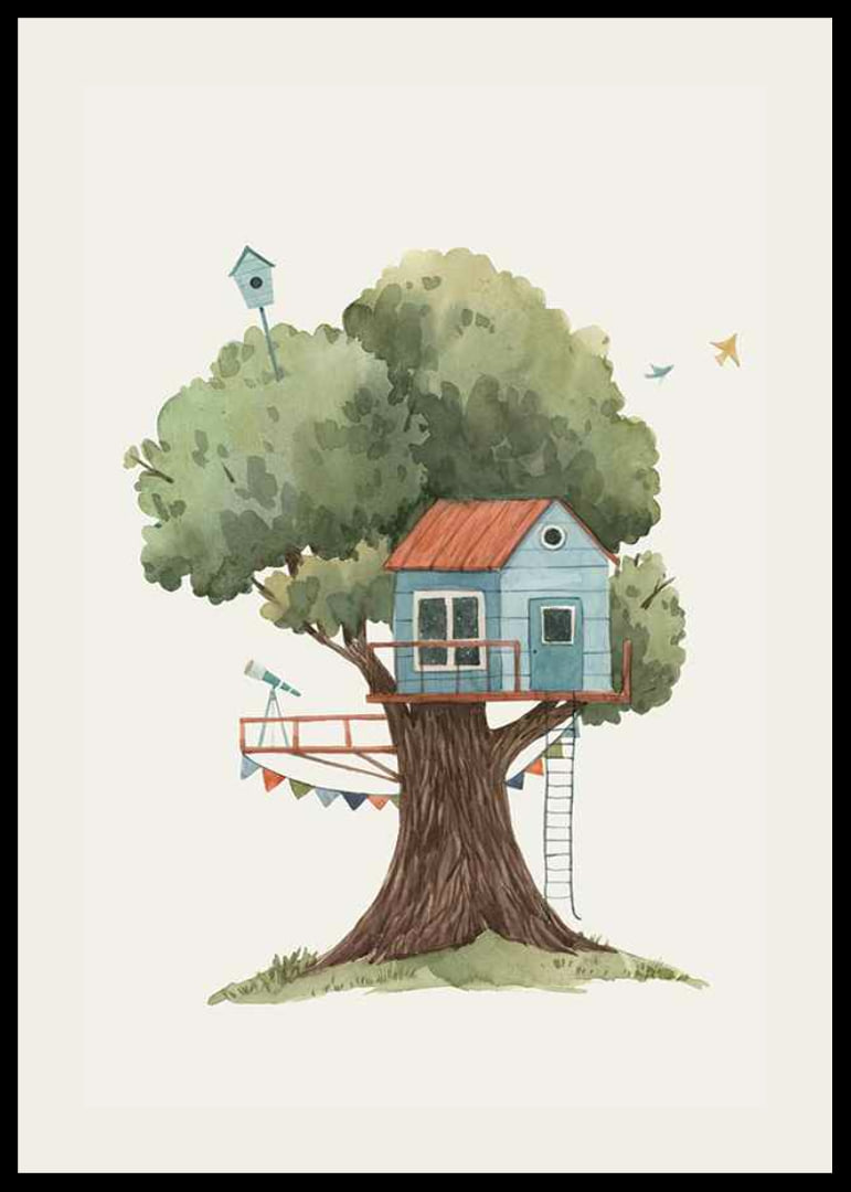 Watercolor illustration of blue treehouse in big green tree-12