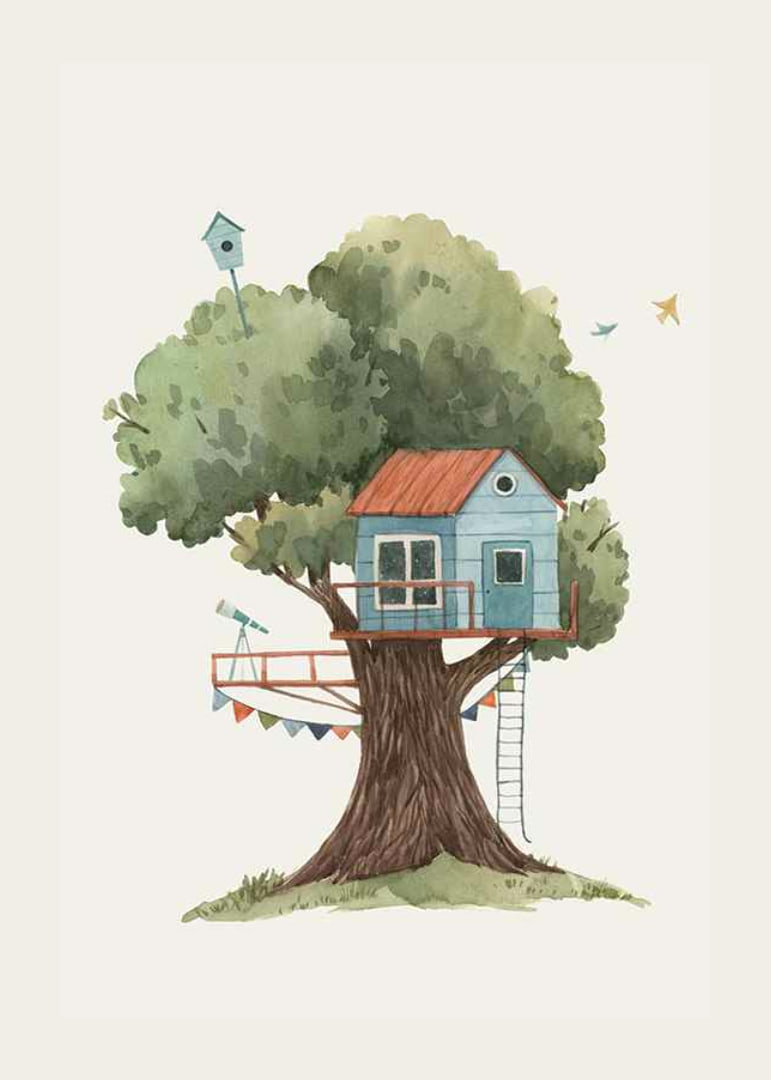 Watercolor illustration of blue treehouse in big green tree-12