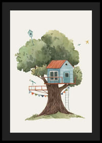 Akvarellillustration av blå trädkoja i stort grönt träd-4