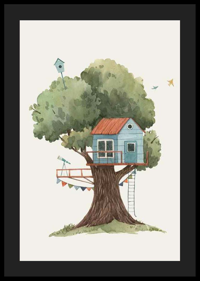 Akvarellillustration av blå trädkoja i stort grönt träd-12