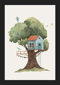 Watercolor illustration of blue treehouse in big green tree-5