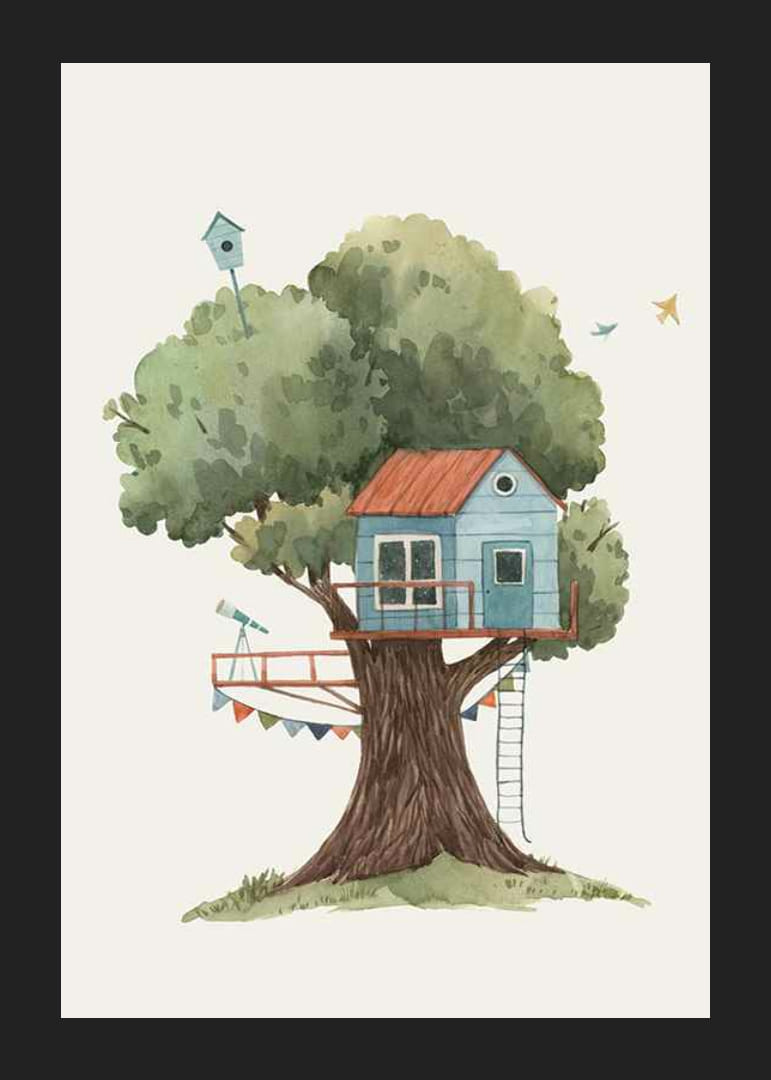 Akvarellillustration av blå trädkoja i stort grönt träd-12
