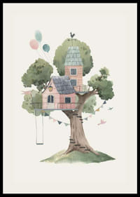 Watercolor of treehouse in pink tones with balloons and pennants-2