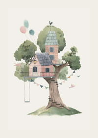 Watercolor of treehouse in pink tones with balloons and pennants-3