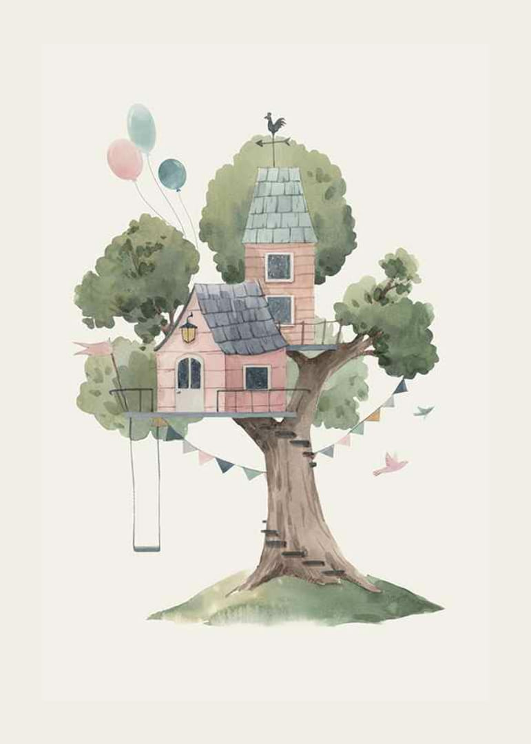 Watercolor of treehouse in pink tones with balloons and pennants-12