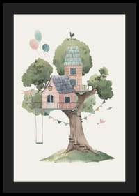 Watercolor of treehouse in pink tones with balloons and pennants-4