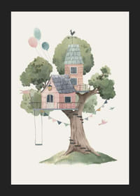 Watercolor of treehouse in pink tones with balloons and pennants-5